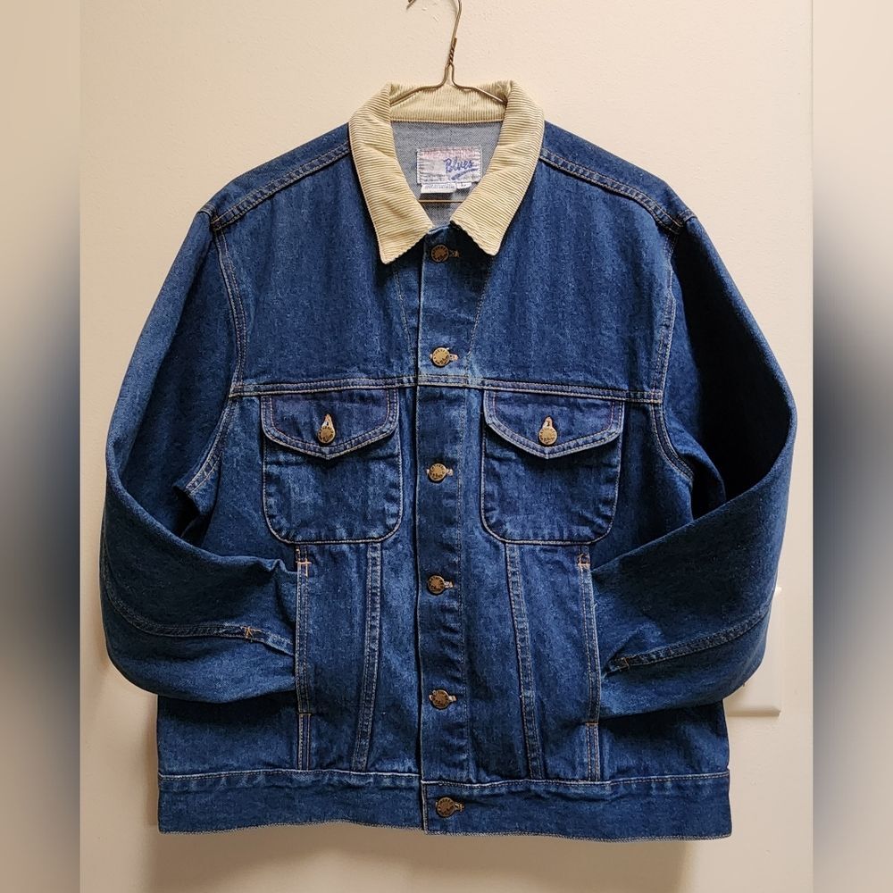 Vintage Weathered Blues Jean Jacket Coat with Tan Corduroy Collar Size Large